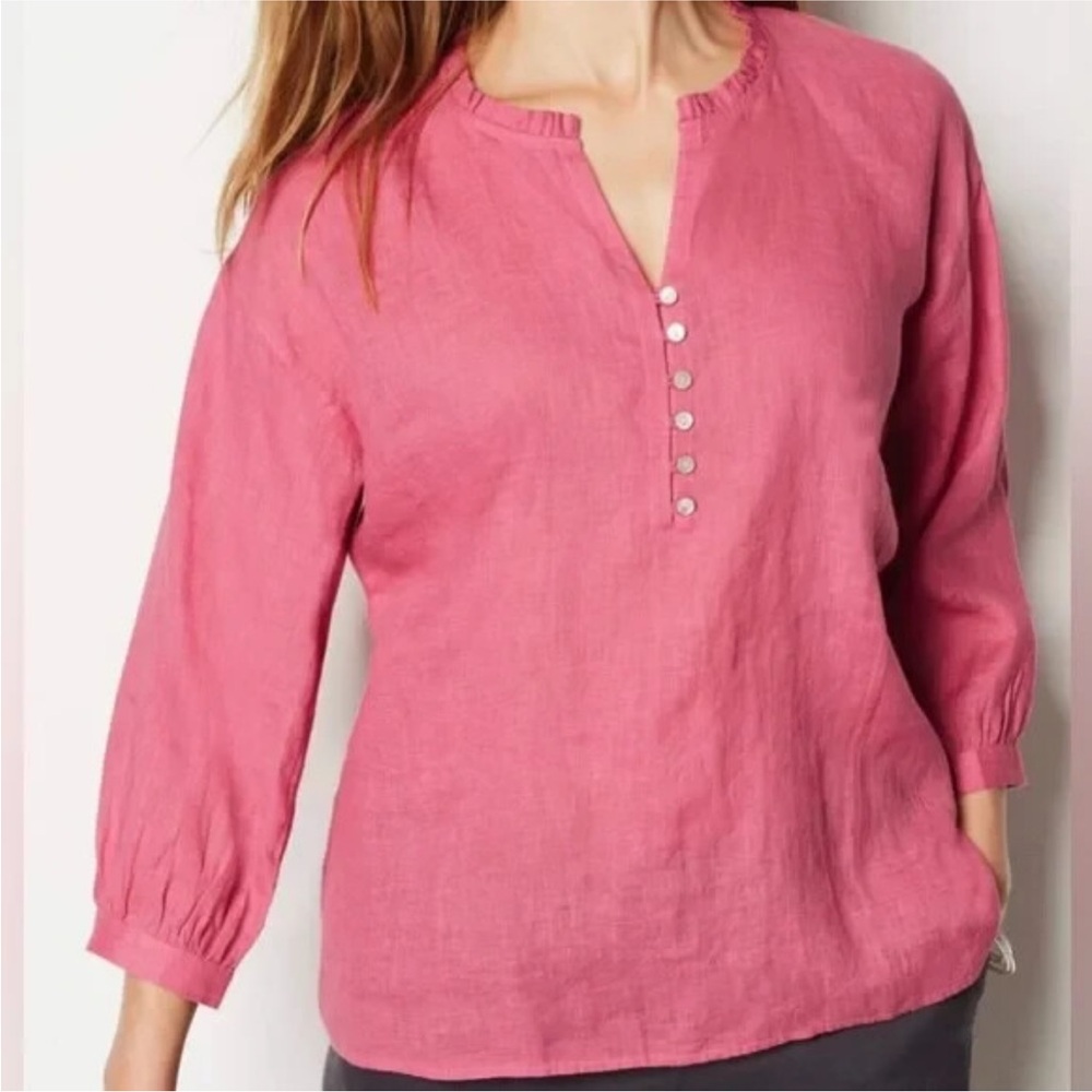 J. Jill Love Linen Pink Blouse Popover Top Shirt Large Petite Ruffle V-neck